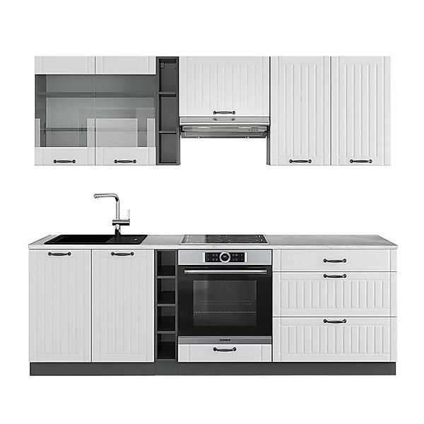 Vicco Fame-Line Küchenzeile Weiß Landhaus/Anthrazit 235 cm AP Marmor günstig online kaufen