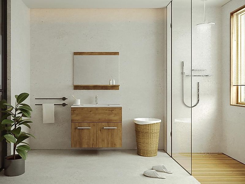 Waschbeckenunterschrank hängend mit Einzelwaschbecken & Spiegel - Holzfarbe günstig online kaufen
