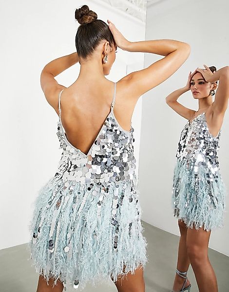 ASOS EDITION – Paillettenverziertes Minikleid in Silber und Blau mit Feders günstig online kaufen