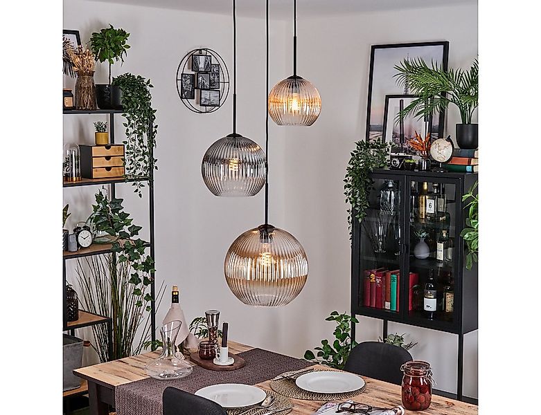 hofstein Hängeleuchte Hängelampe aus Metall/Riffelglas in Schwarz/Rauch/Ber günstig online kaufen