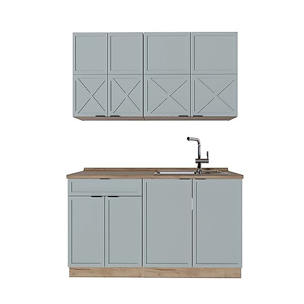 Vicco Fame-Line Singleküche Hellblau-grau/Goldkraft Eiche 140 cm AP Eiche o günstig online kaufen