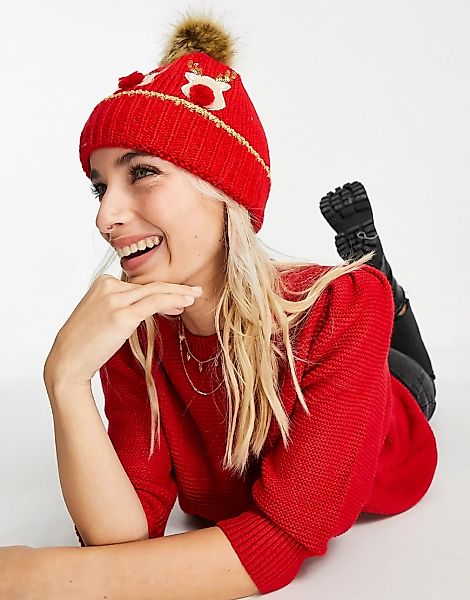 Boardmans – Weihnachtliche Strickmütze in Rot mit Kunstpelzbommel und Renti günstig online kaufen