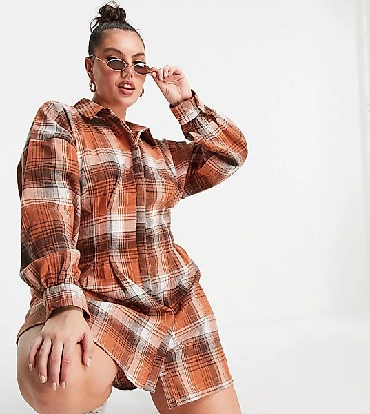 Missguided Plus – Kariertes Hemdkleid in Rostrot mit plissierter Taille-Bra günstig online kaufen