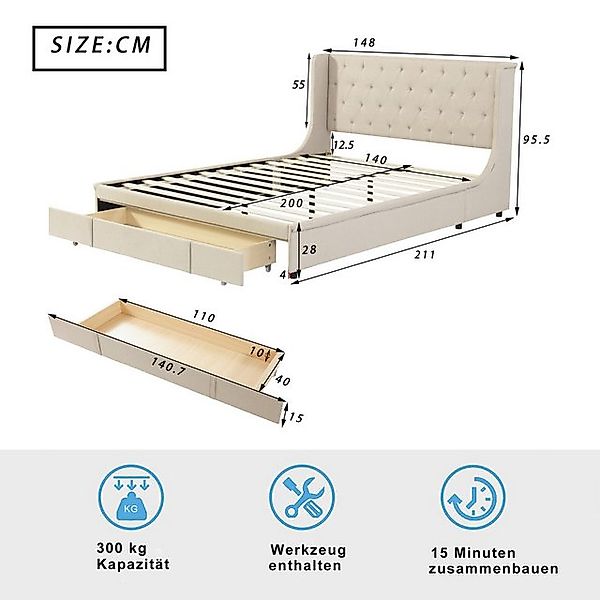 STILVORA Polsterbett 140x200 Bettgestell mit Matratze,Doppelbett mit Staura günstig online kaufen