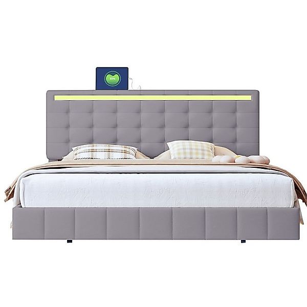 Gotagee Polsterbett mit LED-Leuchten flächiges Doppelbett-Gästebett Leinen günstig online kaufen