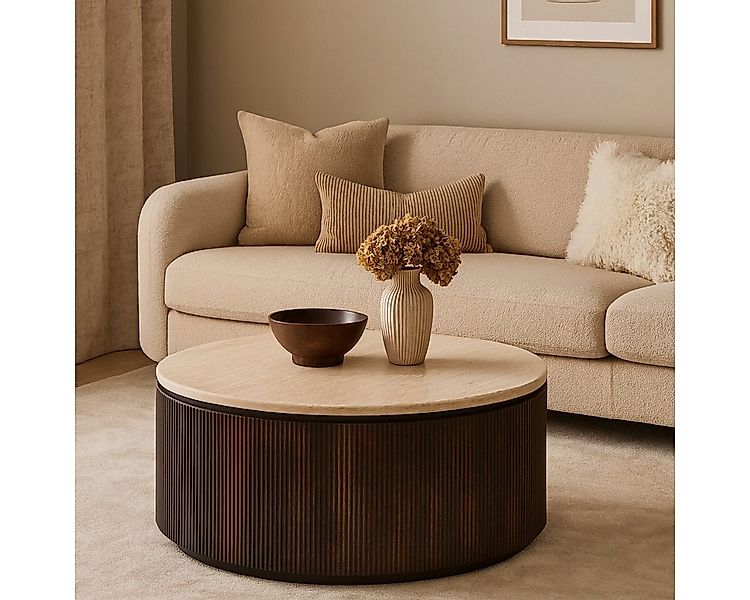 alesvelt Couchtisch Lunado Travertin Tischplatte in edlem Säulenstil 100 cm günstig online kaufen