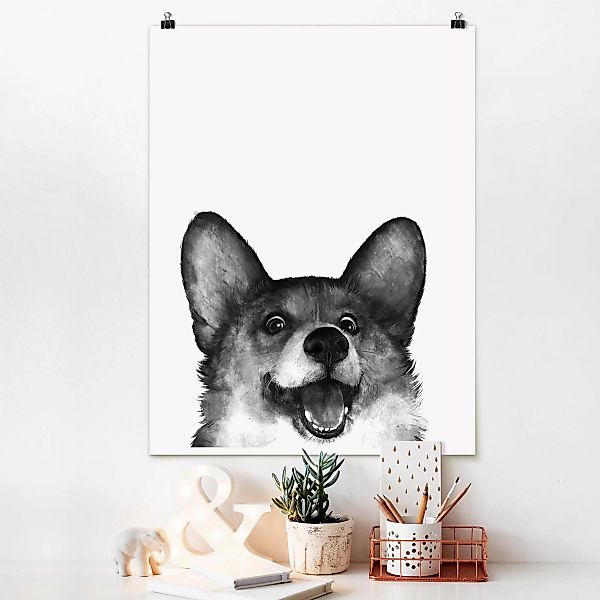 Poster Tiere - Hochformat Illustration Hund Corgi Weiß Schwarz Malerei günstig online kaufen
