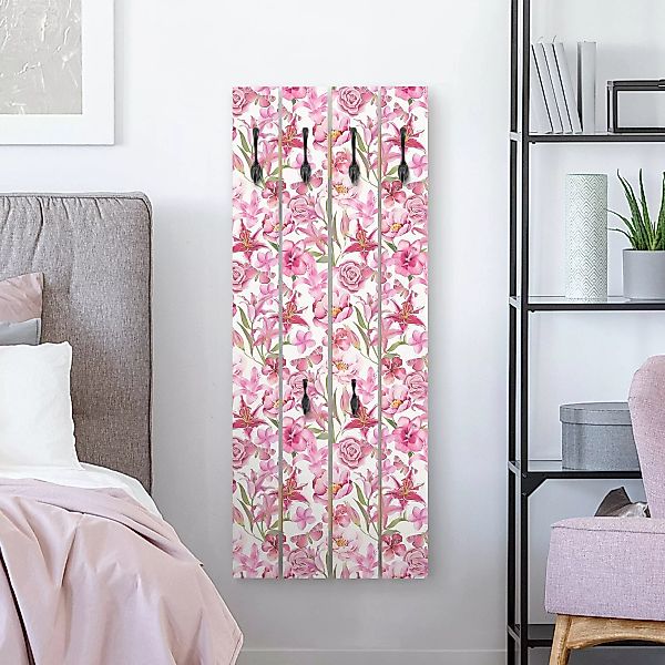 Wandgarderobe Pinke Blumen mit Schmetterlingen günstig online kaufen