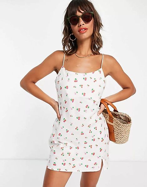 ASOS DESIGN – Kurzes Camisole-Sommerkleid aus Leinen mit Himbeermuster-Mehr günstig online kaufen