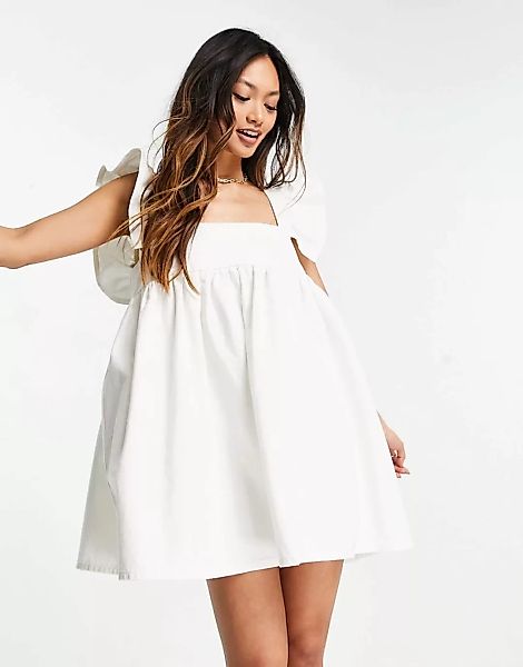 ASOS DESIGN – Latz-Jeanskleid mit Rüschenärmeln in Weiß günstig online kaufen