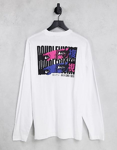 ASOS DESIGN – Langärmliges Oversize-Shirt mit Anime-Comic am Rücken-Weiß günstig online kaufen