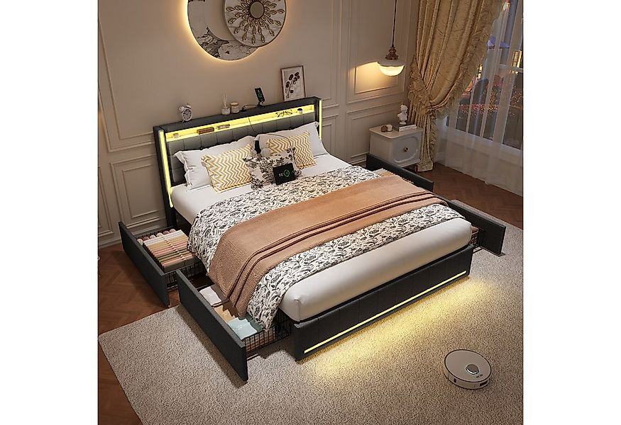PXloue Polsterbett LED Doppelbett 140x200cm mit Ladefunktion und 4 Schublad günstig online kaufen