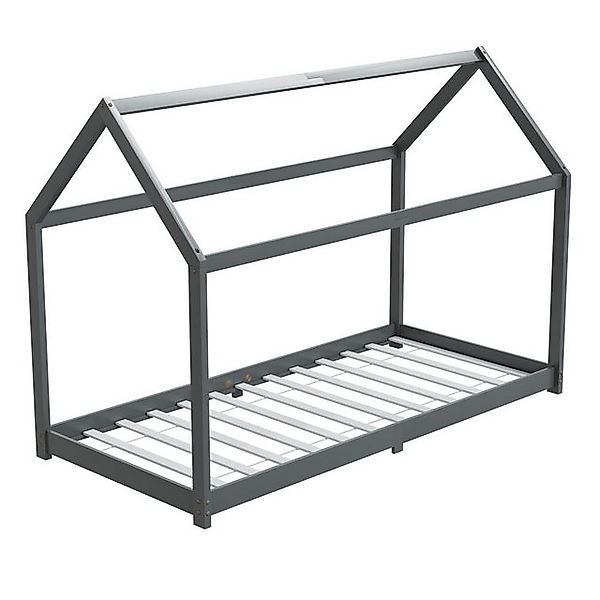 HAGO Kinderbett 90x200cm Grau Kinderhaus Bett Kiefernholz Hausoptik Dach Bo günstig online kaufen