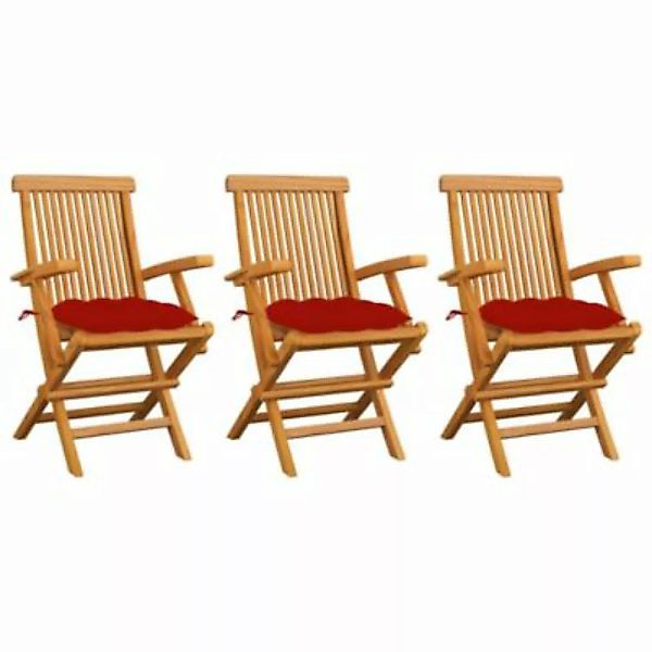 vidaXL Gartenstühle mit Roten Kissen 3 Stk. Massivholz Teak Gartenstuhl rot günstig online kaufen