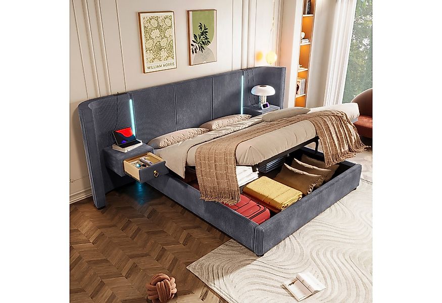 Merax Polsterbett 180x200 cm mit LED-Kopfteil und hydraulischem Stauraum (2 günstig online kaufen