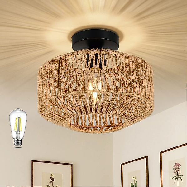 LMaxhome LED Deckenleuchte Hängend Boho Rattan günstig online kaufen