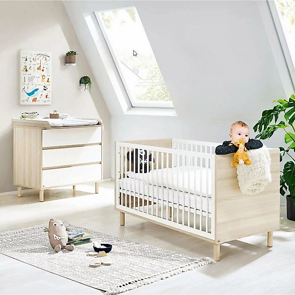 Babyzimmer Set mit Babybett und Wickelkommode FERRARA-134 in weiß mit Esche günstig online kaufen