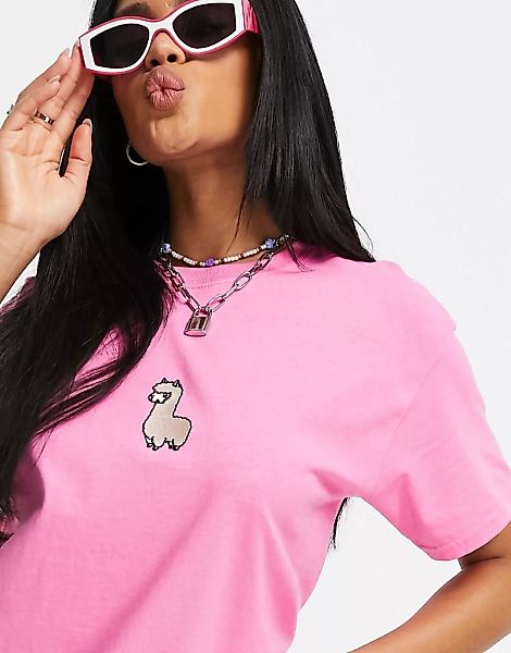 New Love Club – Oversize-T-Shirt mit Lama-Stickerei in Rosa günstig online kaufen