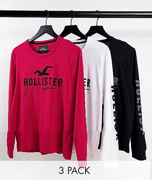 Hollister – Tech – 3er-Pack langärmlige Oberteile in Weiß/Rot/Schwarz mit L günstig online kaufen
