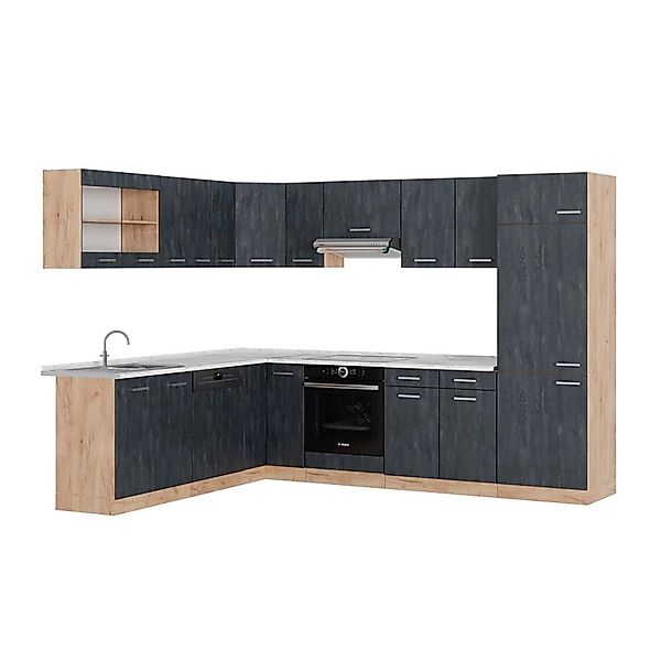 Vicco R-Line Einbauküche in L-Form Schwarz Beton/Goldkraft Eiche 227 x 287 günstig online kaufen