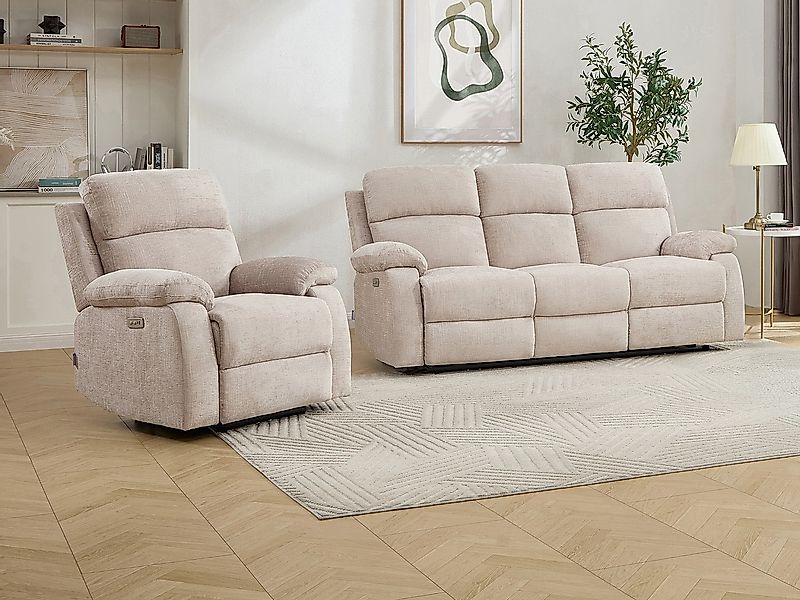 3-Sitzer-Sofa & Relaxsessel elektrisch mit Massagefunktion – Chenille-Stoff günstig online kaufen