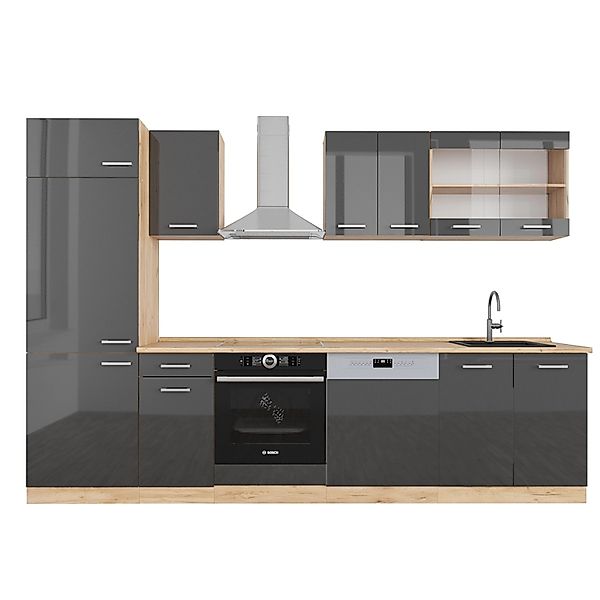 Vicco R-Line Küchenzeile Anthrazit Hochglanz/Goldkraft Eiche 300 cm ohne Ar günstig online kaufen