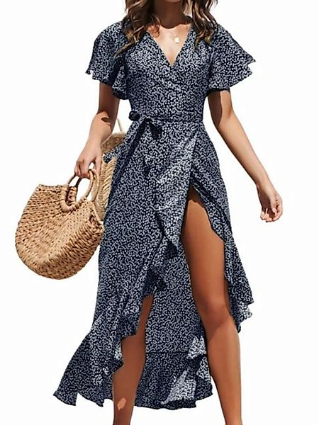 ZWY A-Linien-Kleid Damen Kleid V Ausschnitt Kurzarm High Low Wickelkleid Rü günstig online kaufen