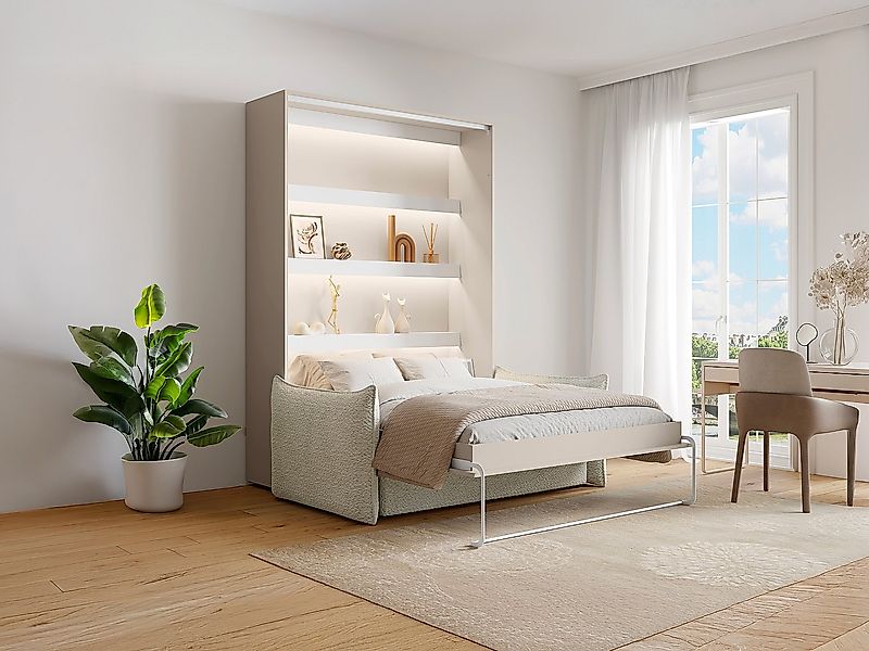 Schrankbett 140 x 200 cm - Manuelle vertikale Öffnung - Mit LEDs - Beige + günstig online kaufen