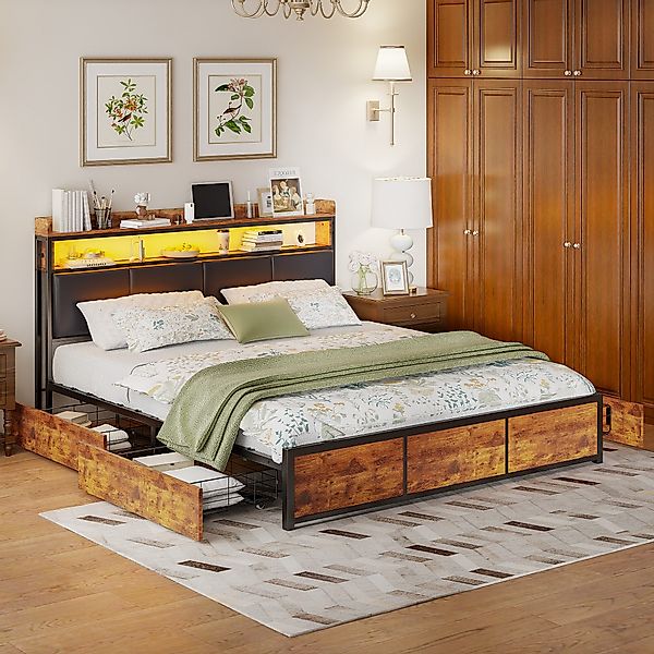 PXloue Polsterbett LED Doppelbett Metallbett Massivholzbett, günstig online kaufen