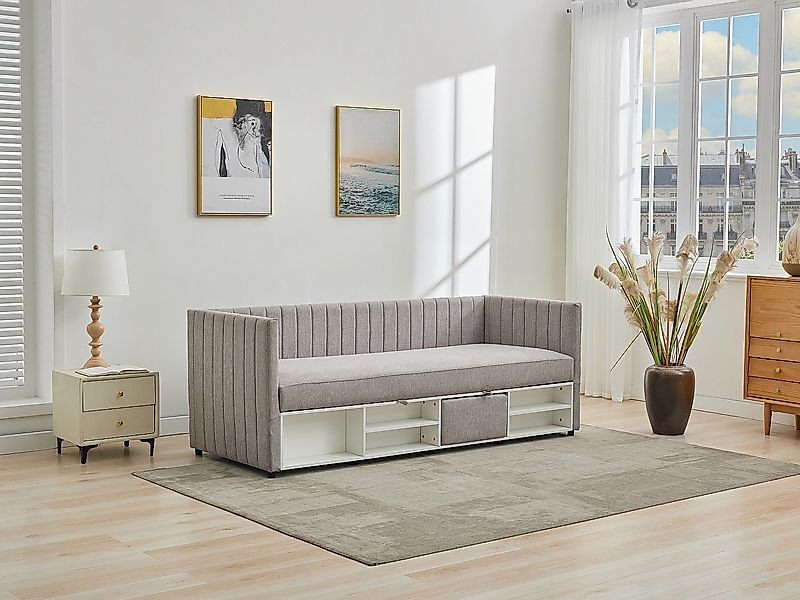 Bett Klappsofa mit Bettkasten - 80 x 200 cm - Stoff - Taupe - LAOZIA günstig online kaufen