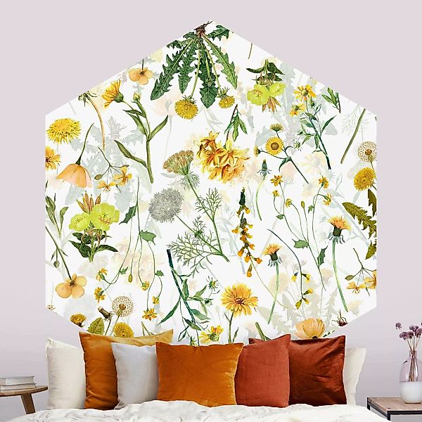 Hexagon Mustertapete selbstklebend Gelbe Wildblumen günstig online kaufen