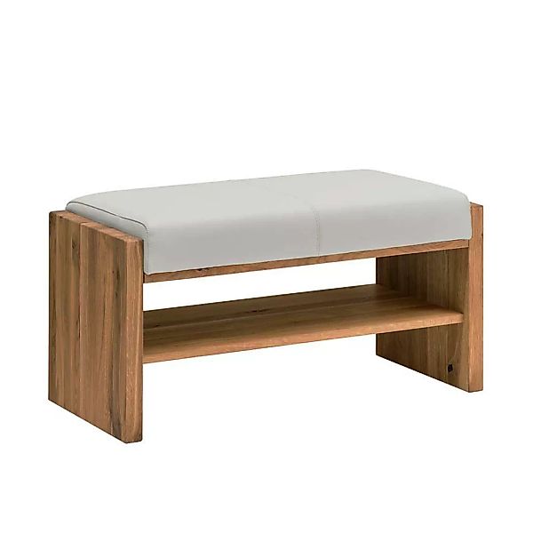 Garderoben Sitzbank aus Wildeiche Massivholz Sitzfläche aus weißem Echtlede günstig online kaufen