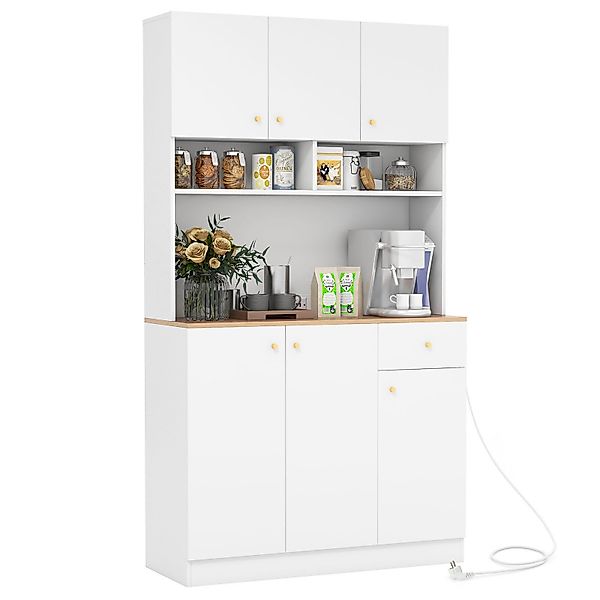 COSTWAY Küchenbuffet Küchenschrank mit Steckdosen, Arbeitsplatte, günstig online kaufen