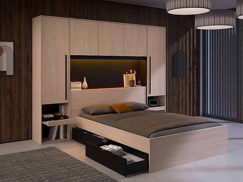 Bett mit Stauraum + Lattenrost + Matratze - 140 x 190 cm - Mit LED-Beleucht günstig online kaufen