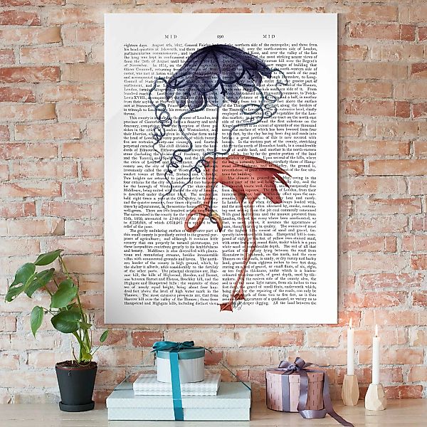Glasbild Spruch - Hochformat Tierlektüre - Flamingo mit Regenschirm günstig online kaufen