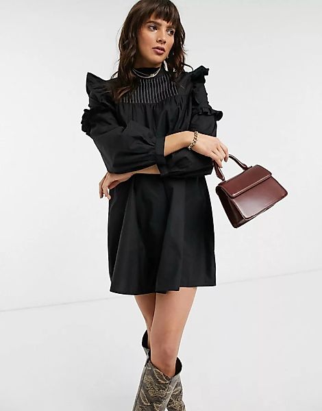 Topshop – Schwarzes Minikleid mit Rüschendetails günstig online kaufen