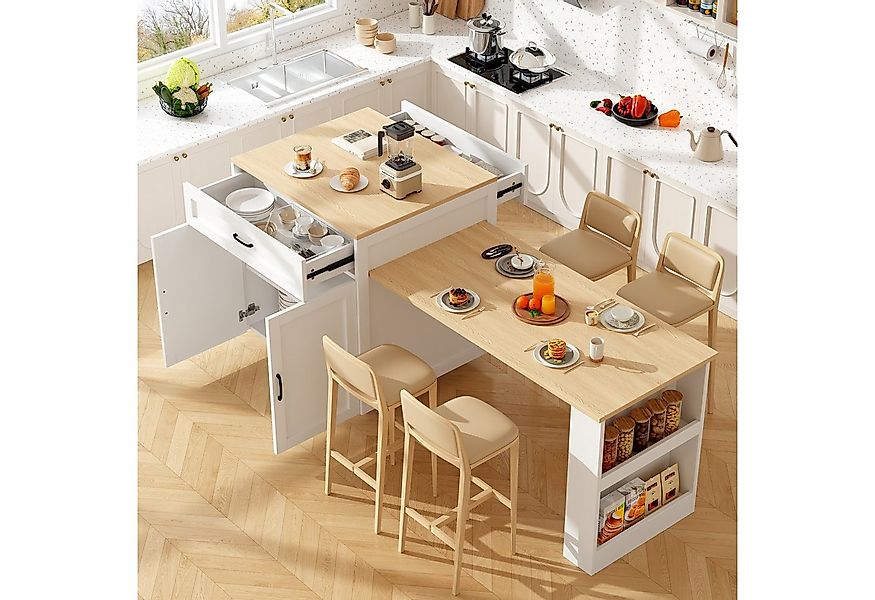 Flieks Kücheninsel mit ausziehbarer Esstisch, Küchenschrank mit Arbeitsplat günstig online kaufen