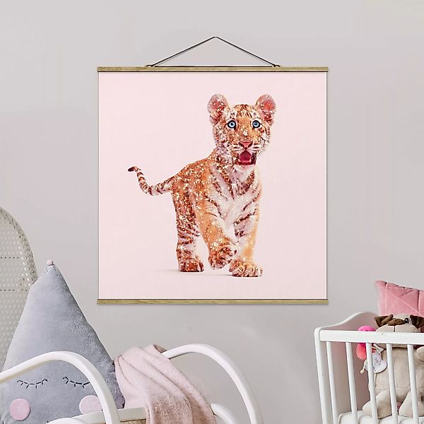 Stoffbild Tiere mit Posterleisten - Quadrat Tiger mit Glitzer günstig online kaufen