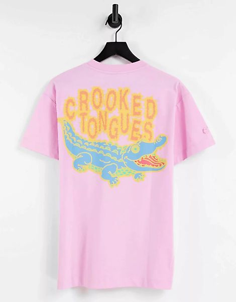 Crooked Tongues – T-Shirt mit Krokodil-Print in Rosa günstig online kaufen