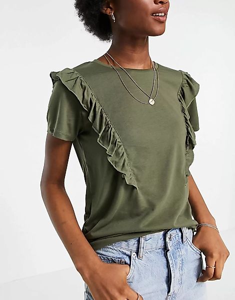 JDY – T-Shirt mit Rüschendetail in Khaki-Grün günstig online kaufen