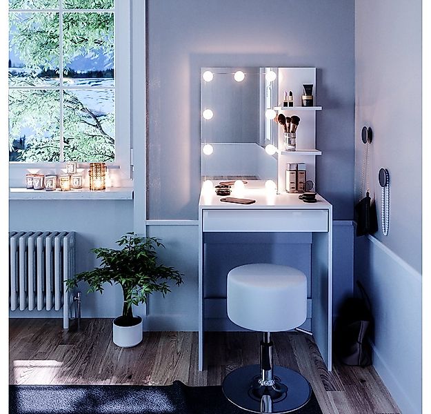 Vicco Schminktisch Isabelle, Weiß, 60 cm mit LED Beleuchtung und Hocker günstig online kaufen