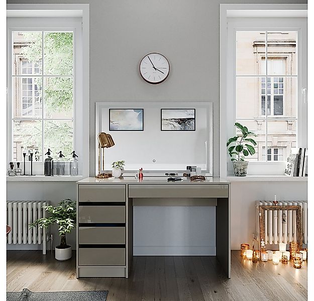 Vicco Schminktisch Sherry, Greige Hochglanz, 120 cm mit LED-Spiegel günstig online kaufen