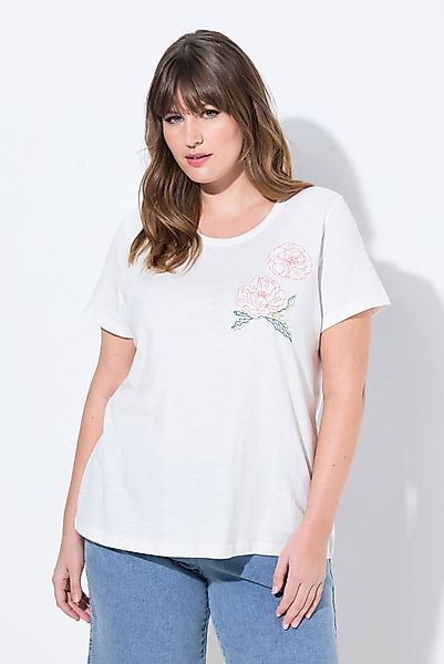 Ulla Popken T-Shirt T-Shirt Mohn-Stickerei Rundhals günstig online kaufen