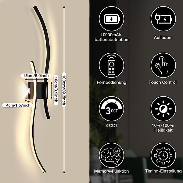 Jibenhome LED Spiegelleuchte Gebogene LED-Wandleuchte Akku, günstig online kaufen