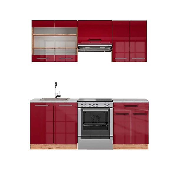 Vicco Fame-Line Küchenschränke Bordeaux Hochglanz/Goldkraft Eiche 200 cm AP günstig online kaufen