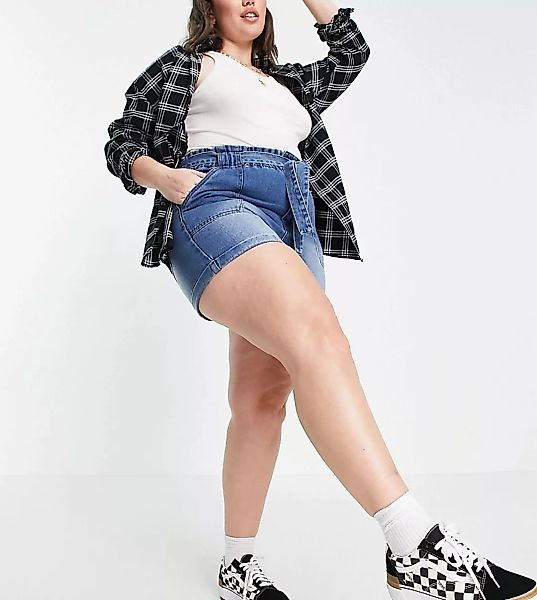Urban Bliss Plus – Shorts mit Paperbag-Taille in mittlerer Waschung-Blau günstig online kaufen