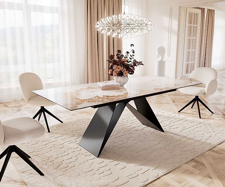 DELIFE Esstisch Edge, Keramik Minas Melange Weiß-Beige 180-220x100 V-Gestel günstig online kaufen