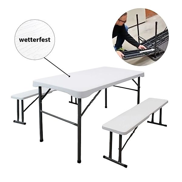 TRUTZHOLM Bierzeltgarnitur 3 Teilig Klappbar Länge 107cm Gartenmöbel Weiß günstig online kaufen
