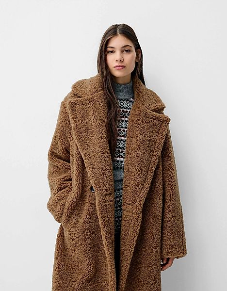 Bershka Langer Mantel Aus Lammfellimitat Damen M Camel günstig online kaufen