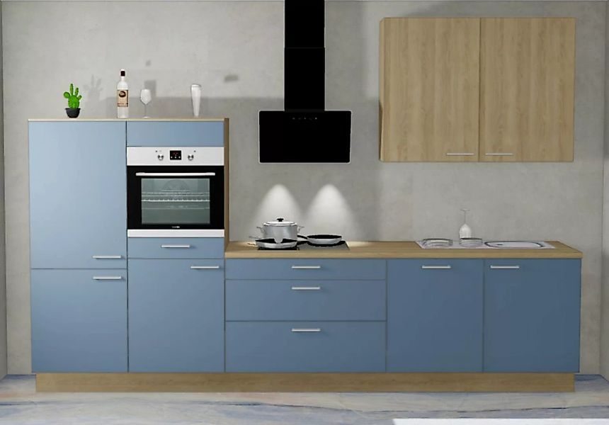 Einbauküche MANKATREND 73 in Blau/Eiche - Schränke montiert/ Küchenzeile 34 günstig online kaufen